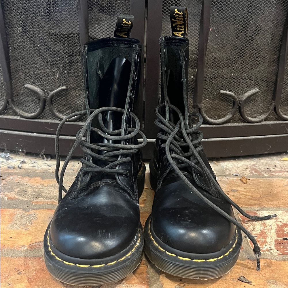 Dr. Martens Black Leather Combat Boots with Yellow Stitching